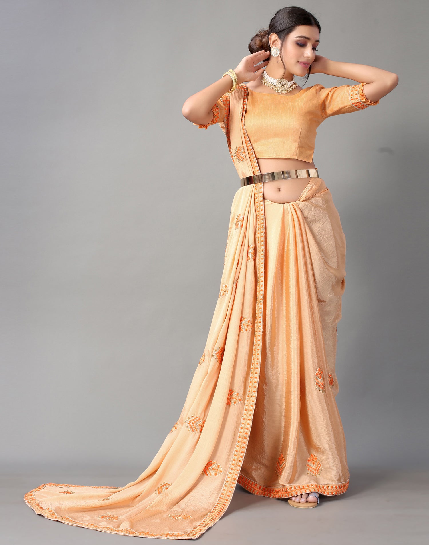 Light Orange Embroidery Saree | Leemboodi