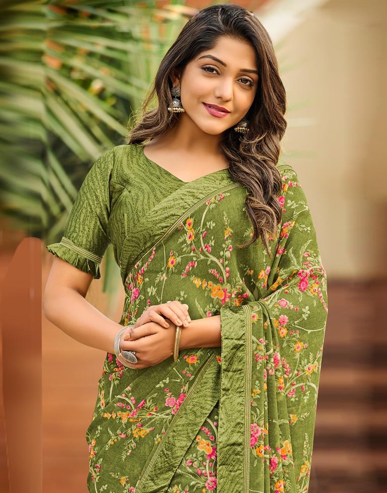 Buy Lovely Green Floral Printed Satin Event Wear Saree From Ethnic Plus