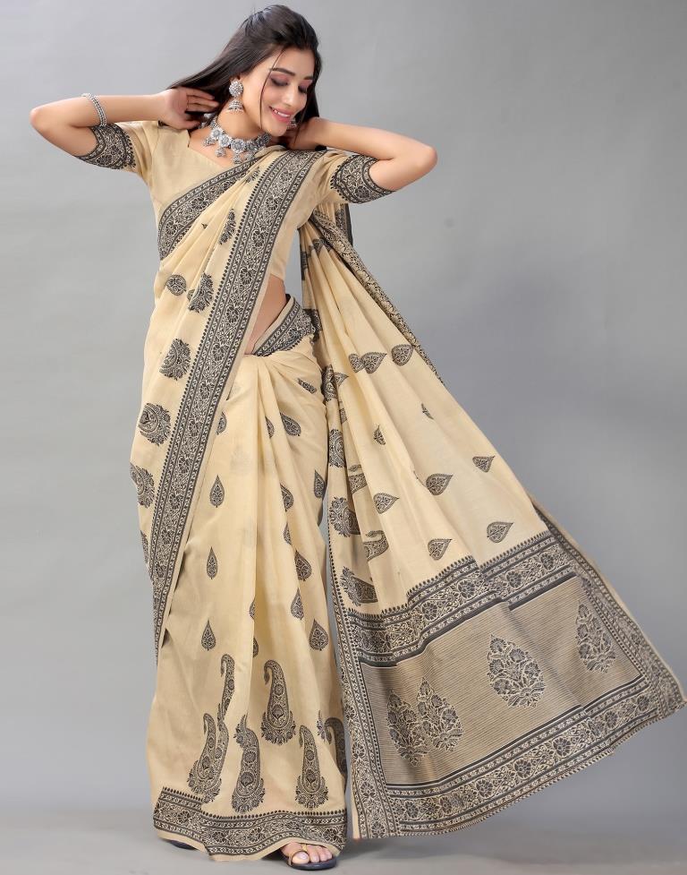 Handwoven Soft Linen Cotton Saree in Beige and Black-Indyvarna