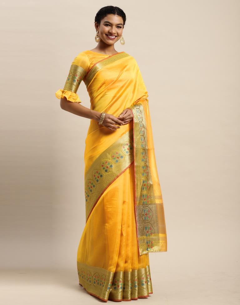 Buy Orange Cutdana Embroidered Saree In Organza With Floral Print