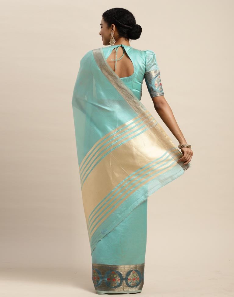 Aqua Blue Booti Organza Handloom Banarasi Saree - Sacred Weaves