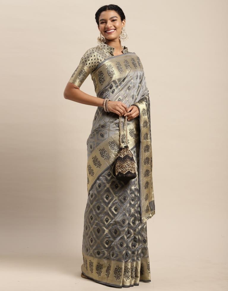 Embroidered Organza Saree in Grey : SPF9510