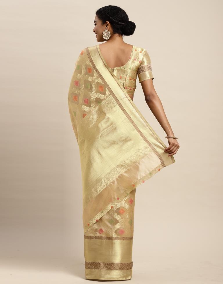 Light Gold Embroidered Organza Silk Saree