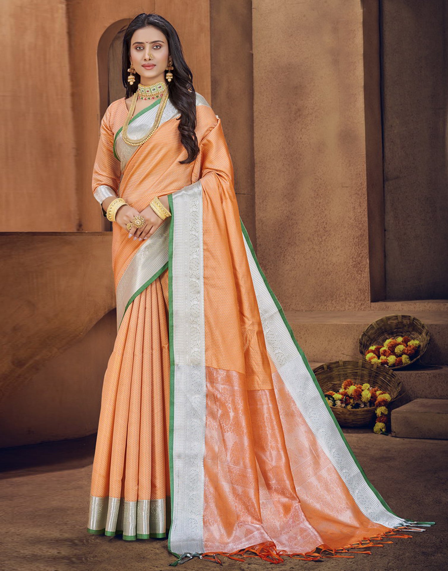 Orange Coloured Floral Dharmavaram Pattu Saree