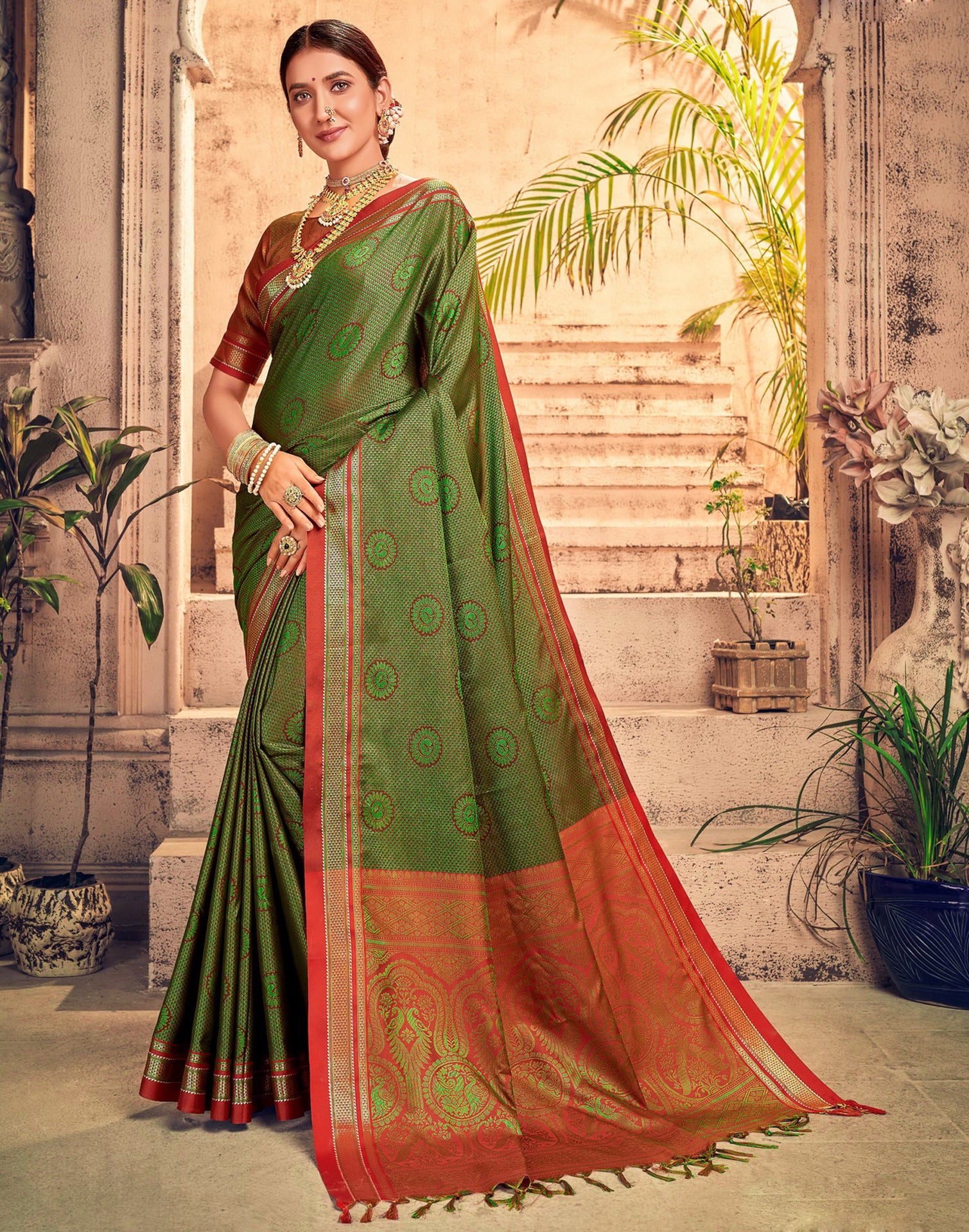 Green Striped Handloom Pure Silk Kanjivaram Saree With Maroon Thread B –  WeaverStory