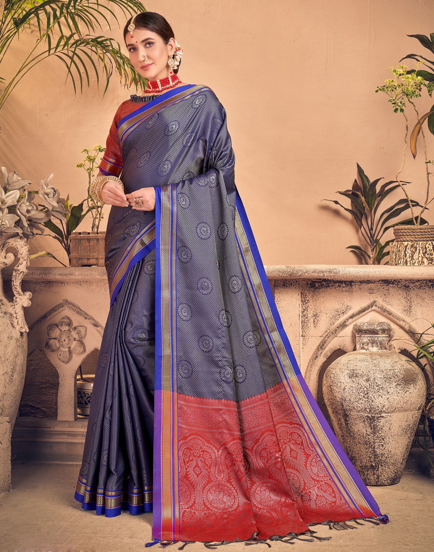 Navy blue and grey cheap saree