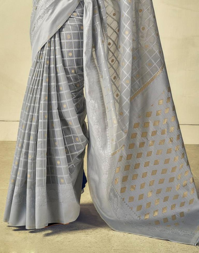 Grey Geometric Cotton Woven Saree | Leemboodi