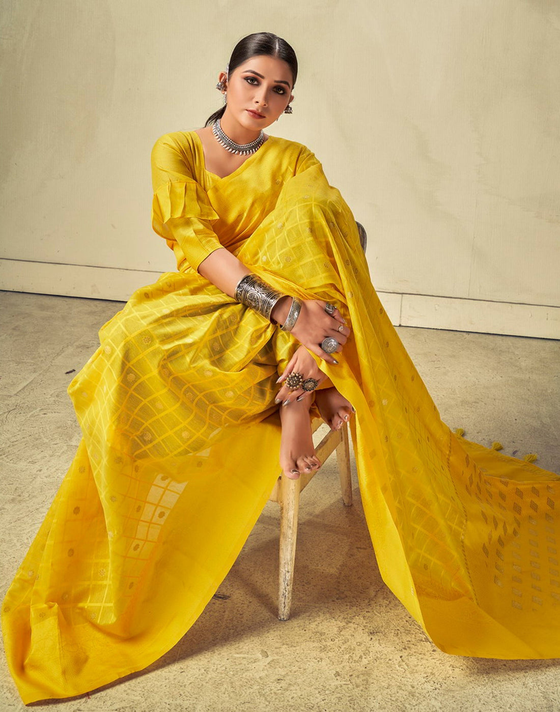 Mustard Yellow Geometric Cotton Woven Saree | Leemboodi