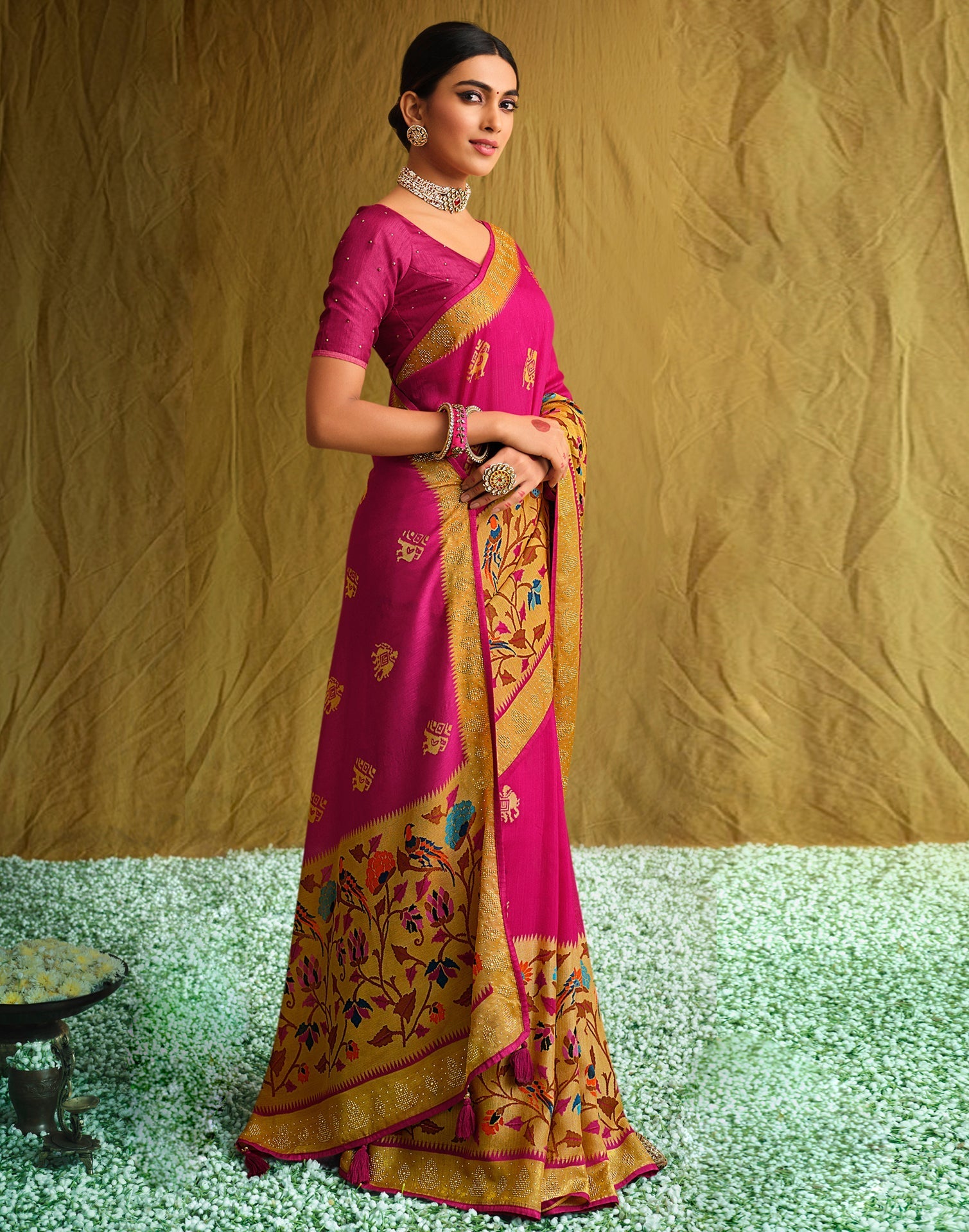 Hot Pink Heavy Silk Saree with Plain Blouse and Jaal work - Monastoor-  Indian ethnical dress collections with more than 1500+ fashionable indian  traditional dresses and ethnical jewelleries.