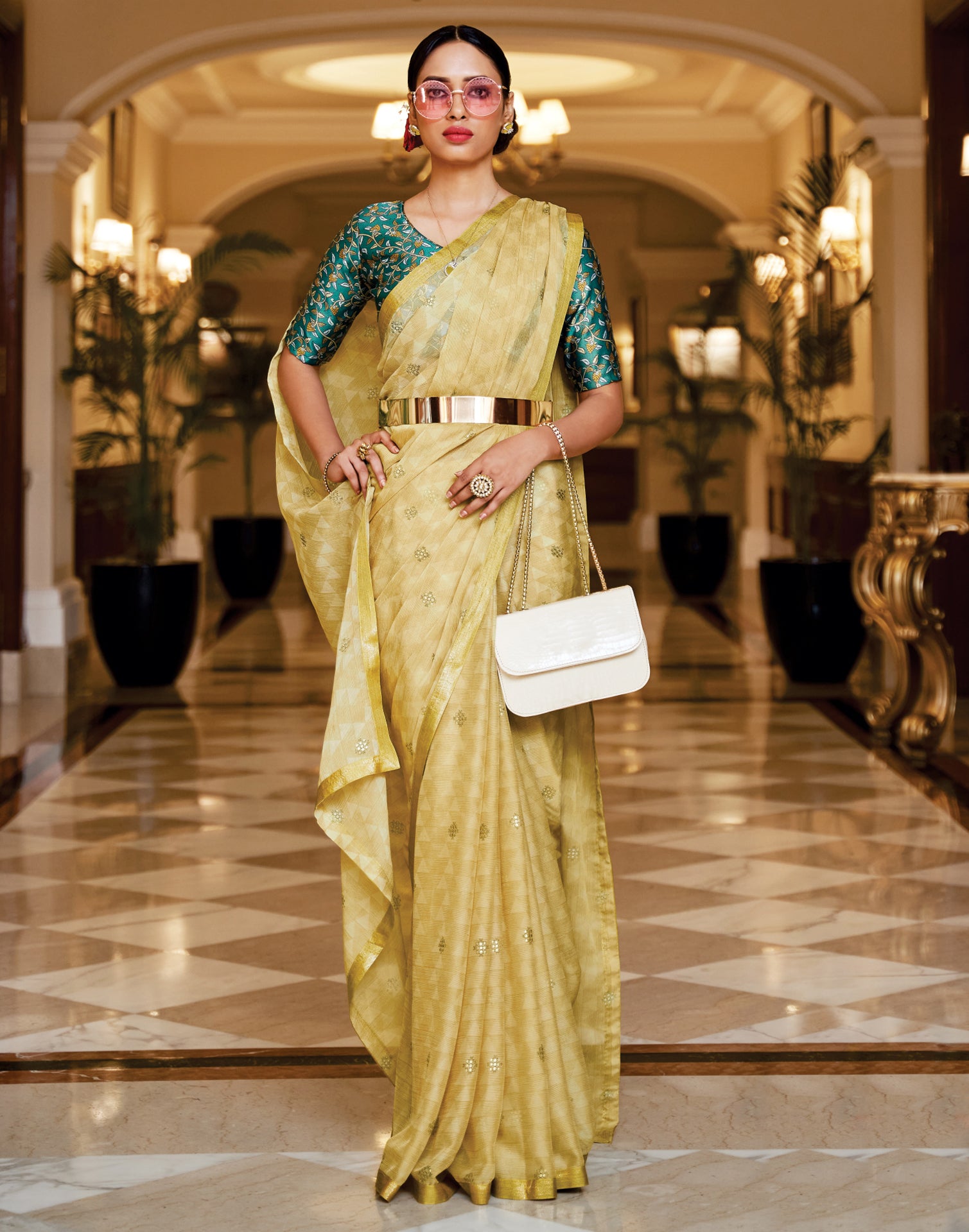 Lemon Yellow And White Bandhani Pattern Digital Print Georgette Saree –  Fabcurate