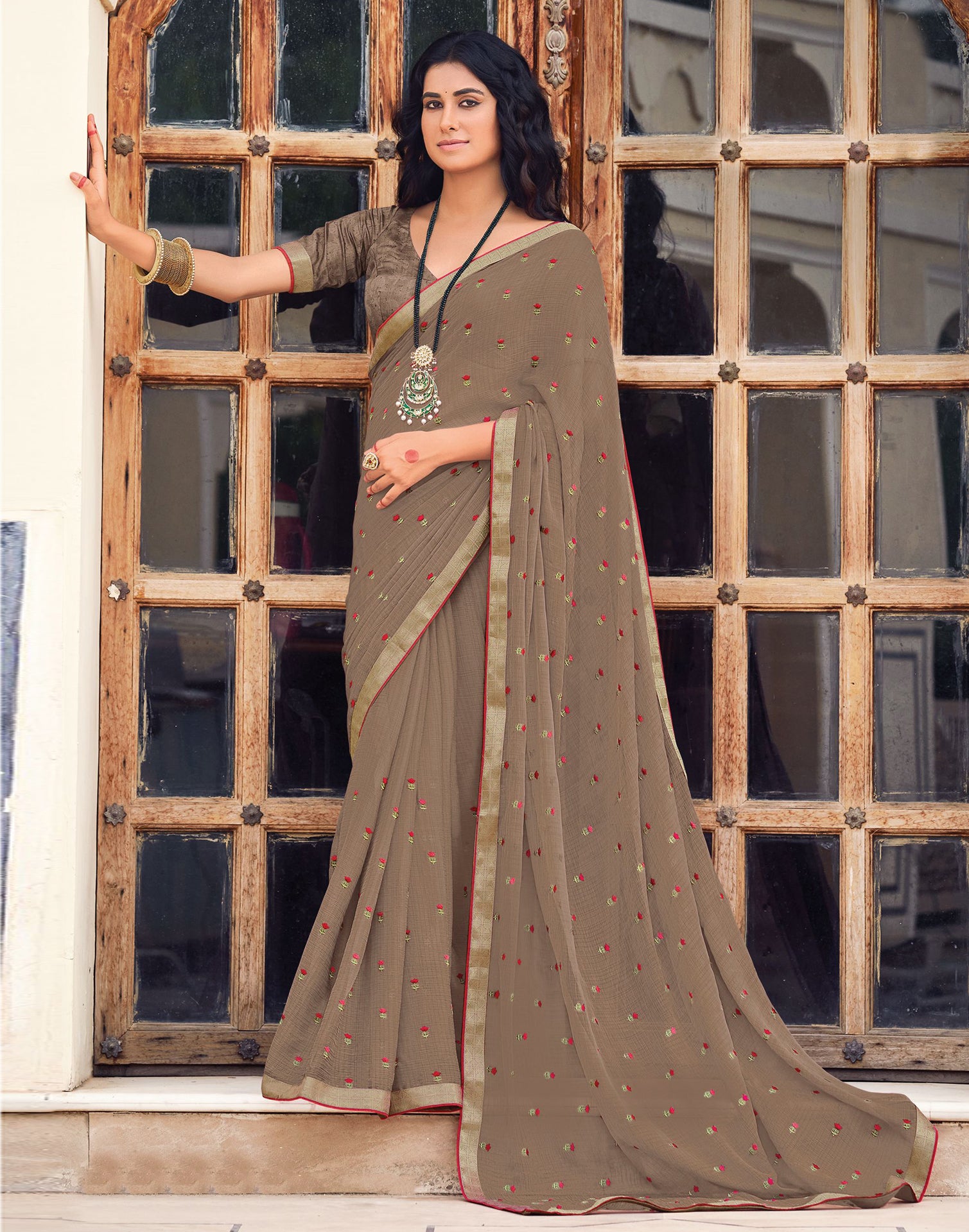 Brown printed chiffon saree with blouse - Sourbh Sarees - 3906149