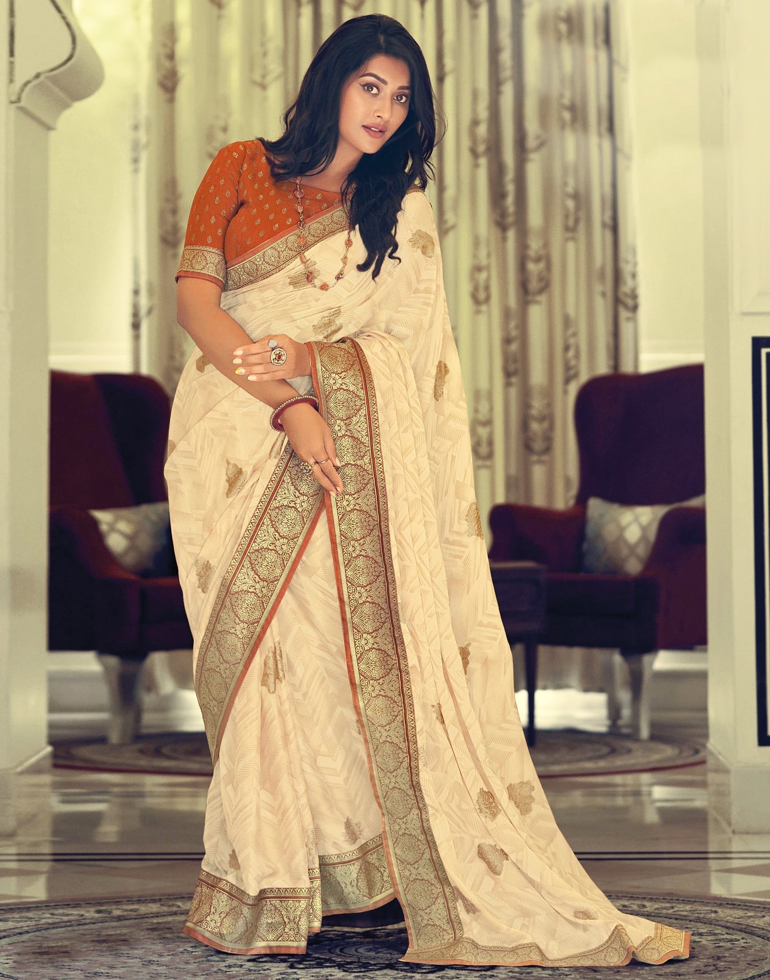 Buy Appealing Cream Chiffon Saree with Blouse at Amazon.in