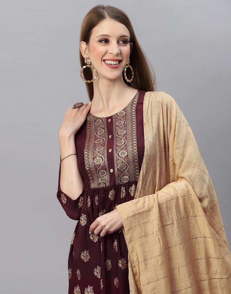 Brown Kurti With Pant And Dupatta | Leemboodi