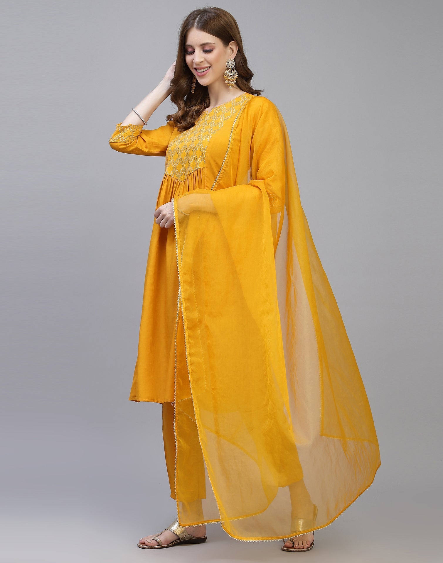 Yellow Kurti With Pant And Dupatta | Leemboodi