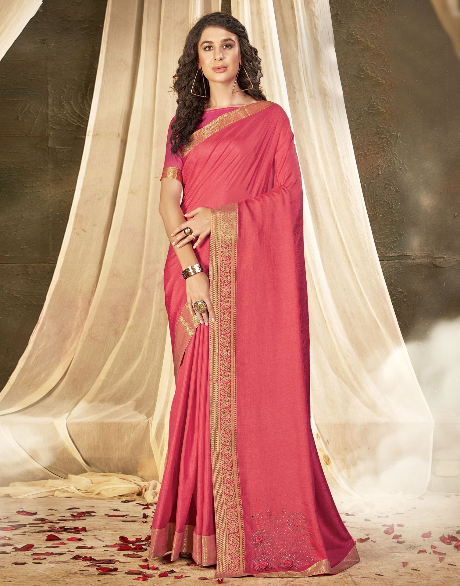 Cherry Red Banarasi Silk Saree with Floral Zari work - Cloth