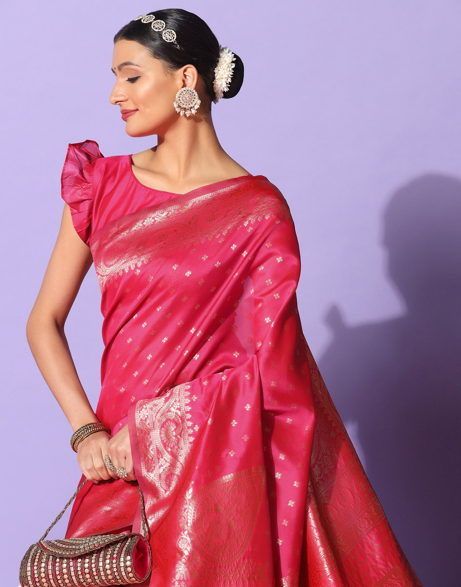 Pink And Golden Banarasi Silk Saree | Leemboodi