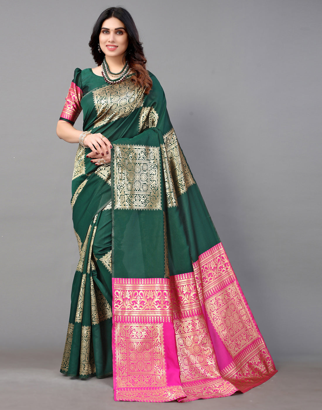 Dark Green And Golden Banarasi Silk Saree | Leemboodi