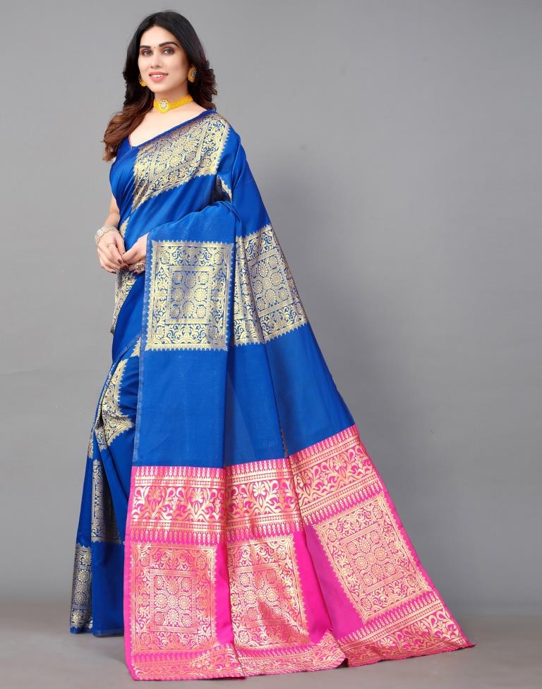 Blue And Golden Banarasi Silk Saree | Leemboodi