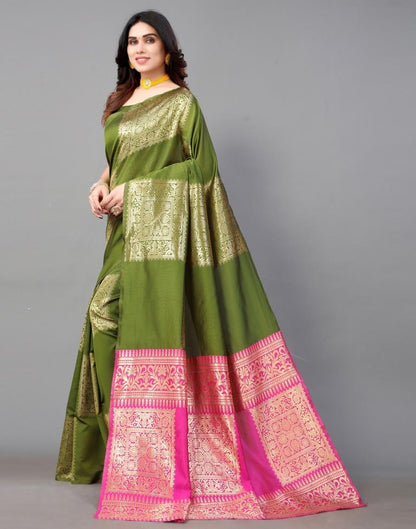 Olive Green And Golden Banarasi Silk Saree | Leemboodi