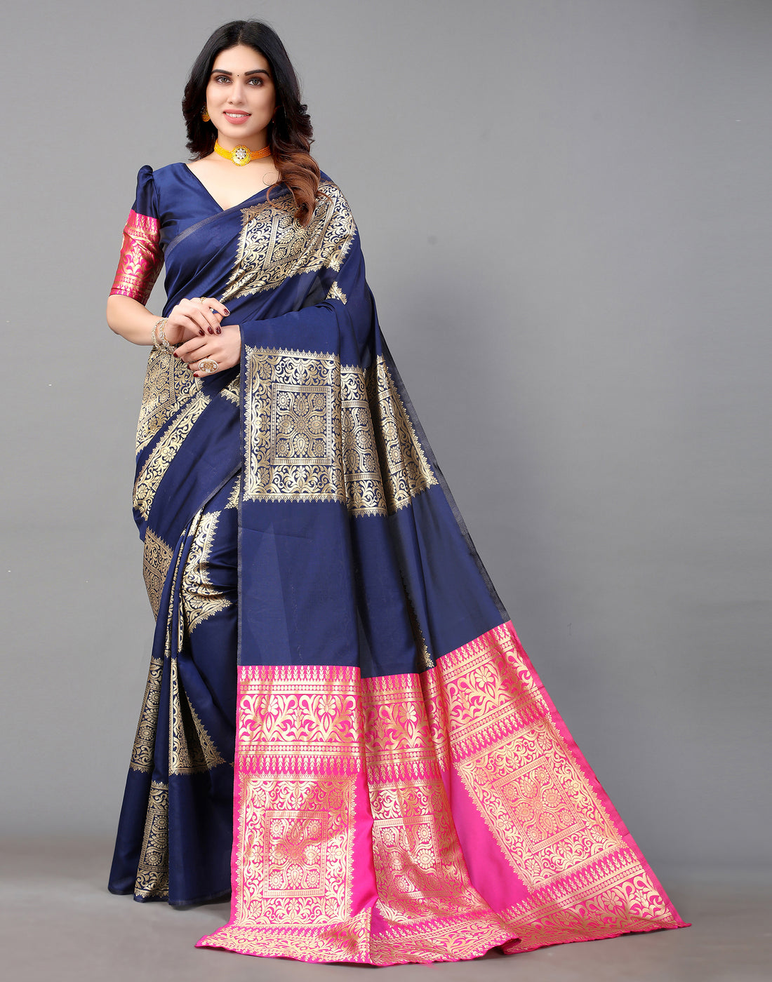 Navy Blue And Golden Banarasi Silk Saree | Leemboodi