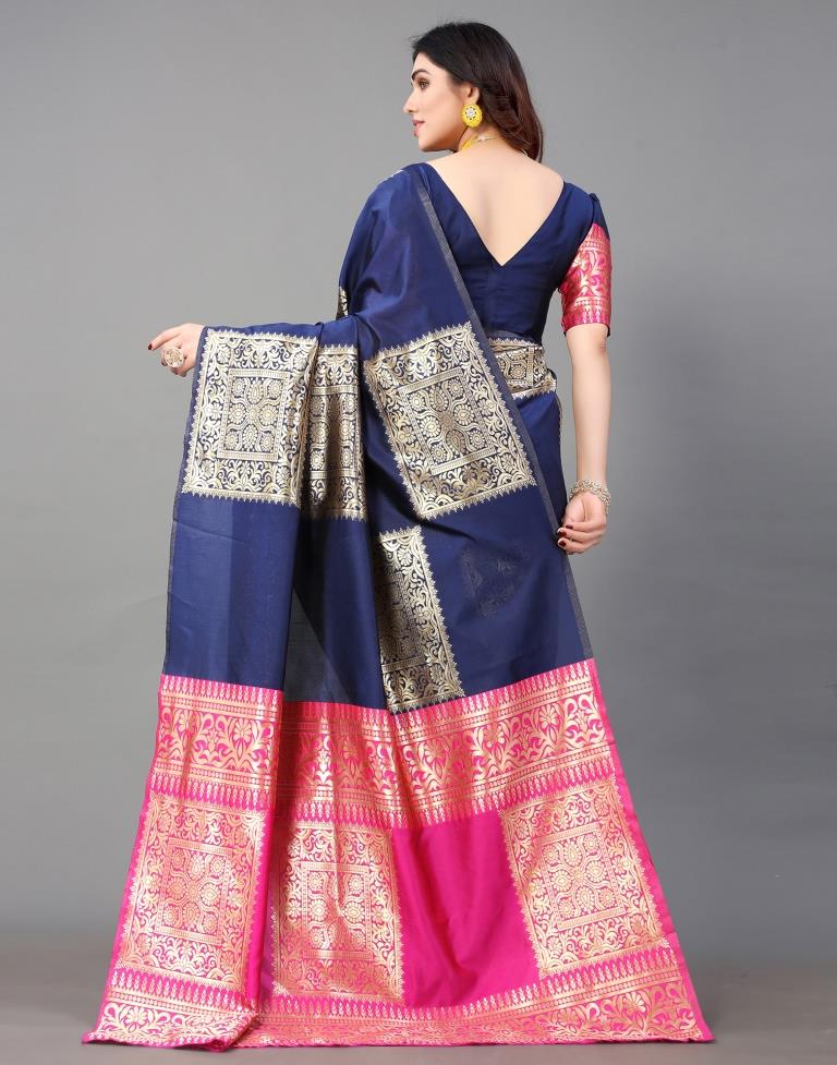 Navy Blue And Golden Banarasi Silk Saree | Leemboodi