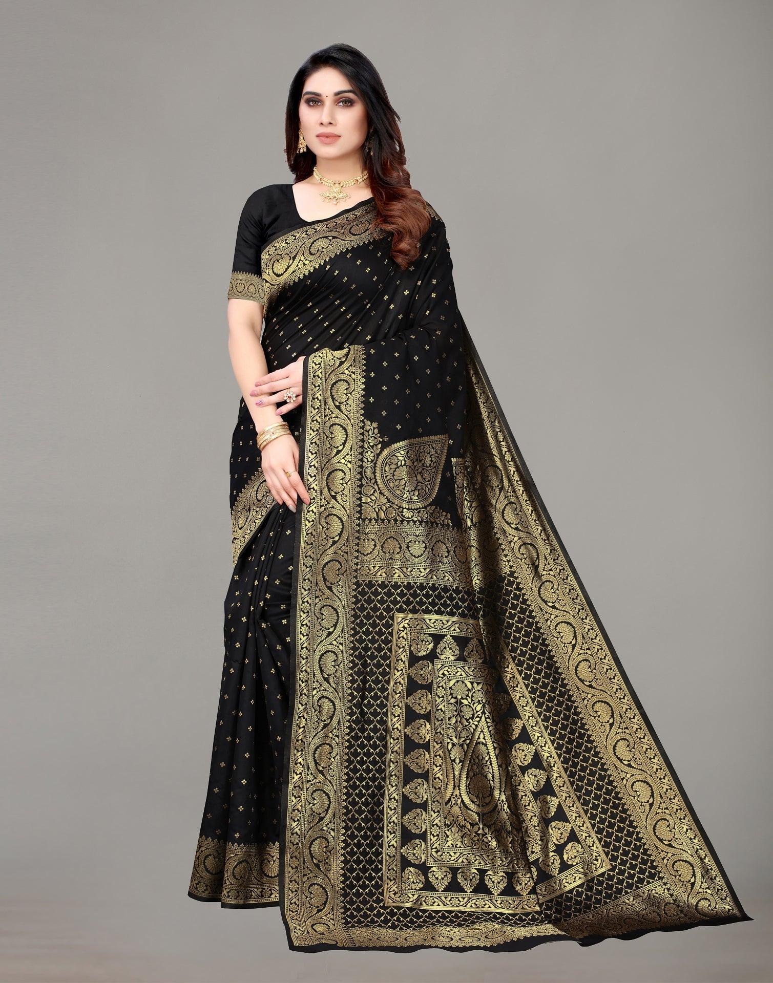 Buy Spetila Solid/Plain Banarasi Jacquard, Pure Silk Gold, Black Sarees  Online @ Best Price In India | Flipkart.com