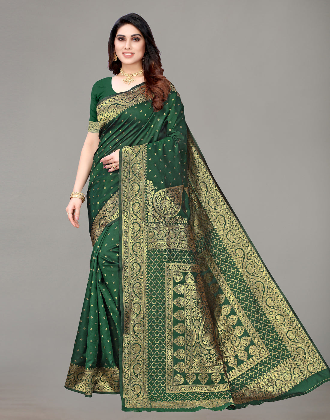 Bottle Green And Golden Banarasi Silk Saree | Leemboodi