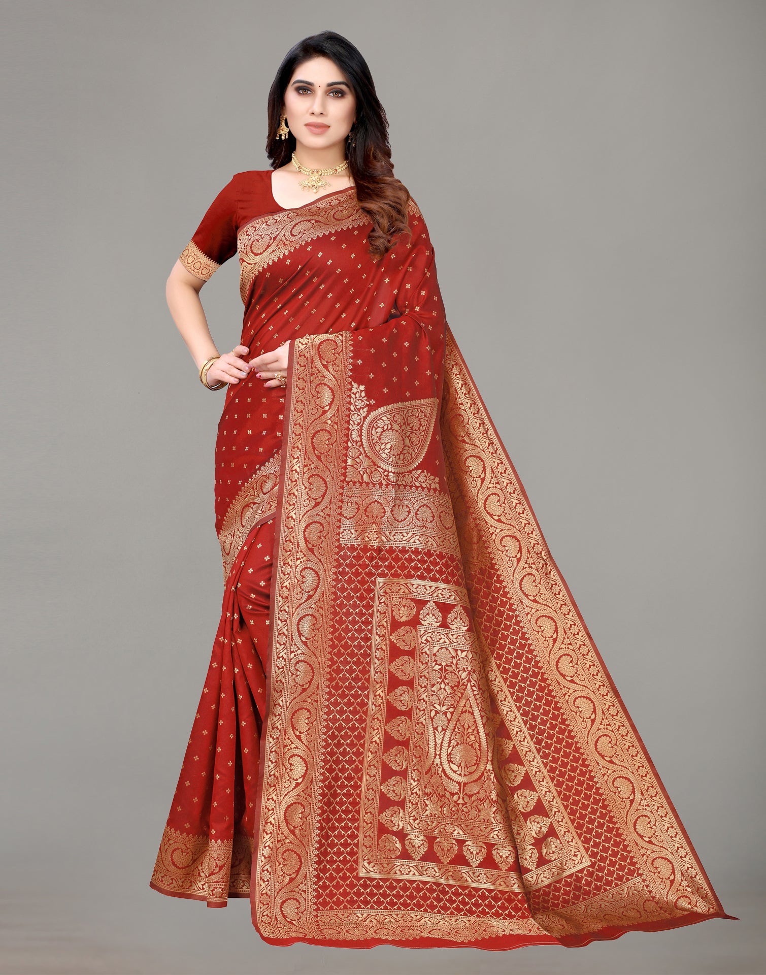 Red Golden Border Rangoli Silk Saree with Heavy Embroidery Blouse