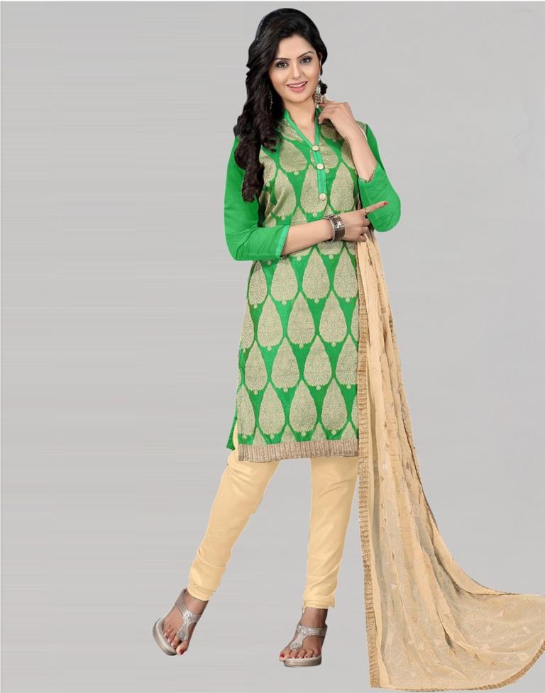 Green Silk Embroidered Unstitched Salwar Suit | Leemboodi