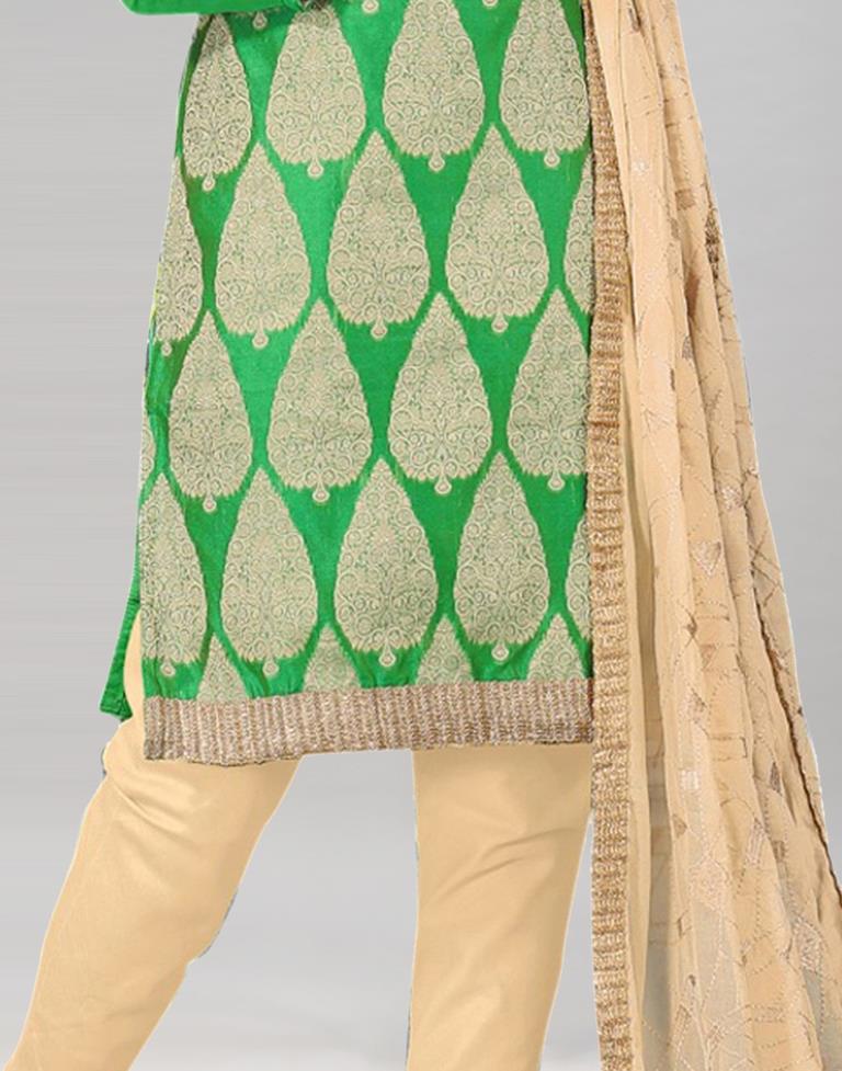 Green Silk Embroidered Unstitched Salwar Suit | Leemboodi