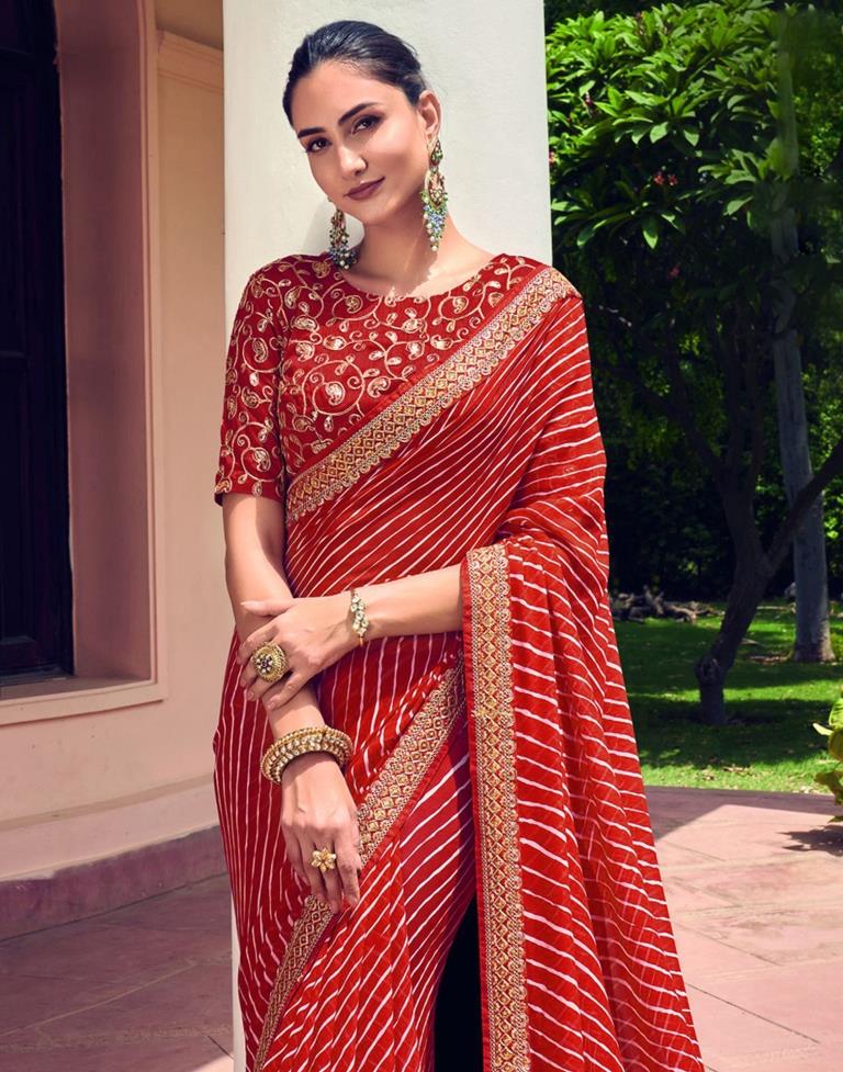 Red &amp; White Leheriya Printed Georgette Saree | Leemboodi