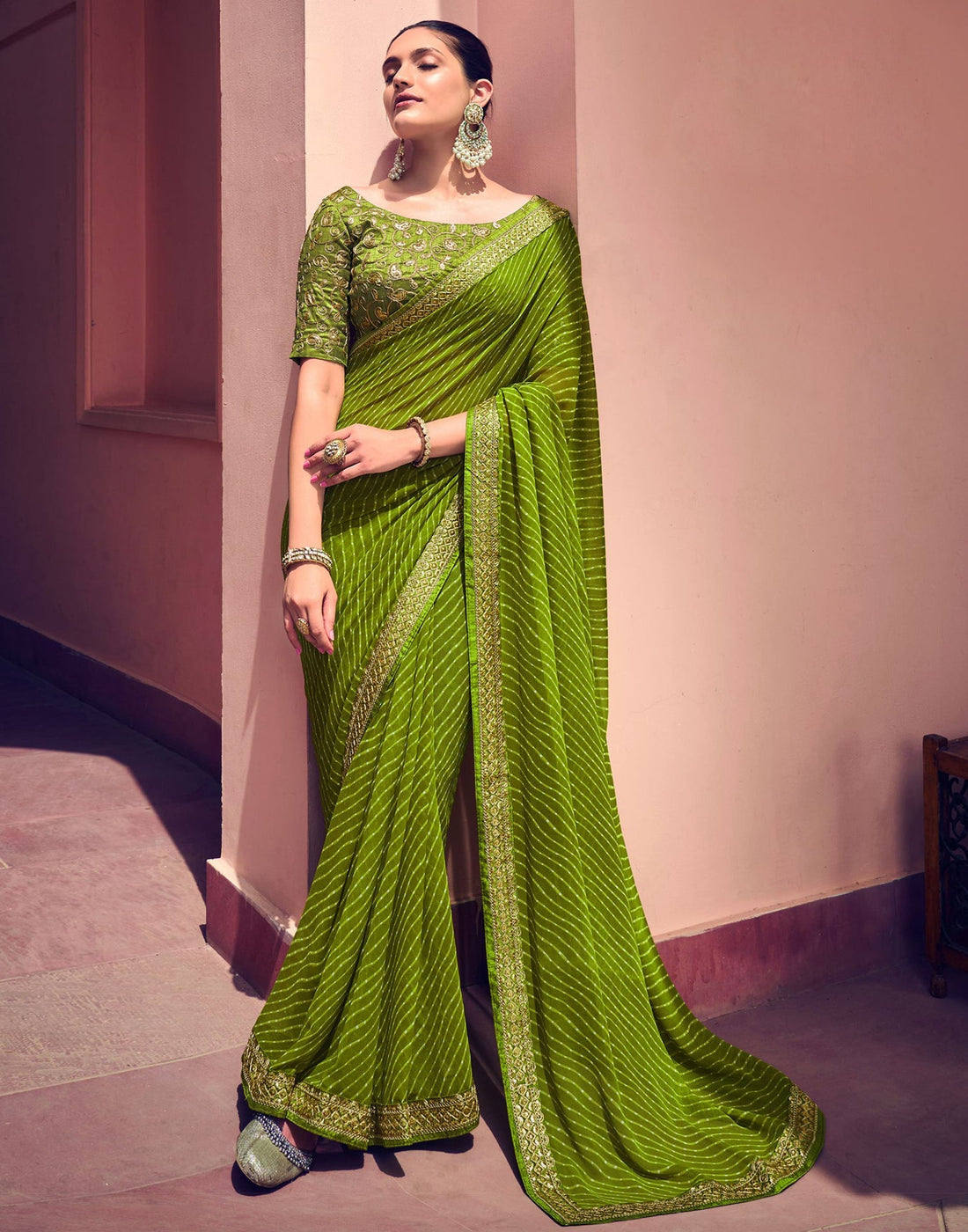 Olive Green Leheriya Printed Georgette Saree | Leemboodi