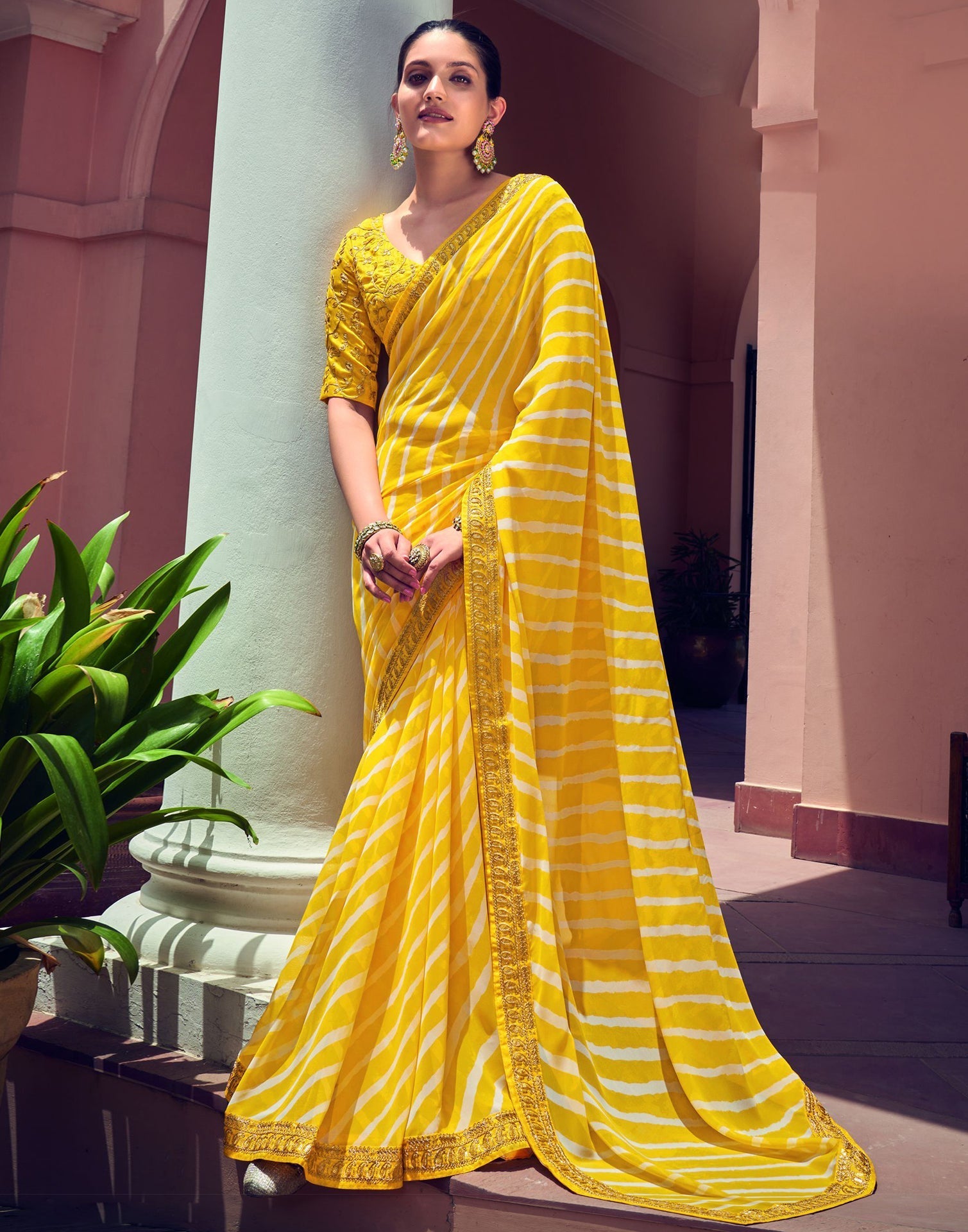 Fire Yellow Plain Liquid Organza Saree With Lace Border – Fabcurate