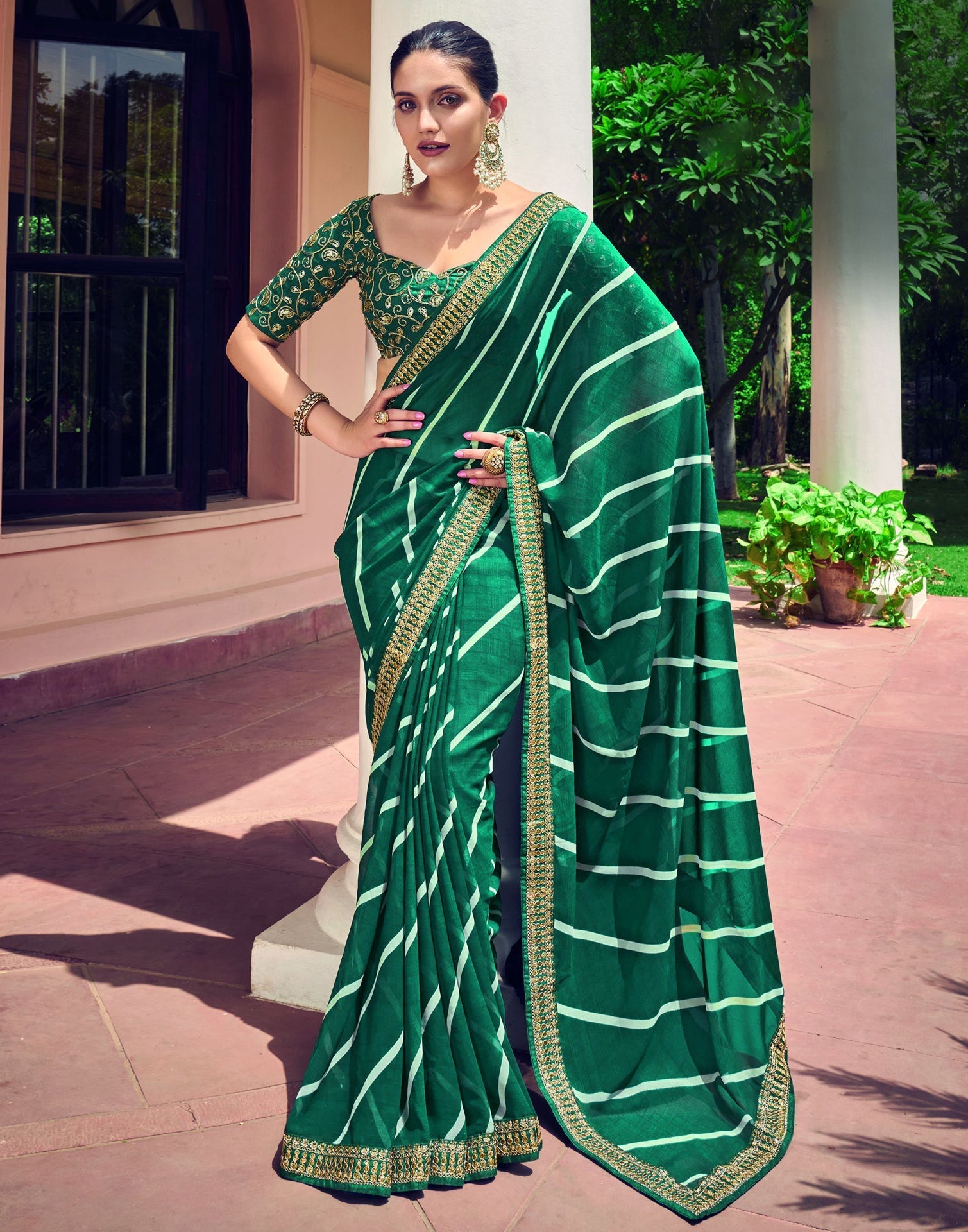 Leheriya - Green Chiffon Saree – House Of Vaarasa