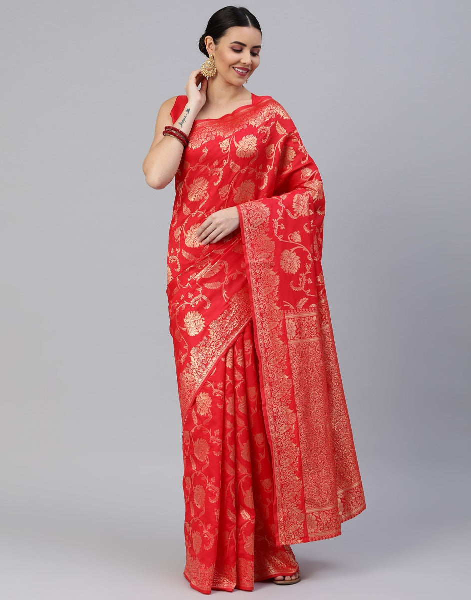 Red And Golden Banarasi Jacquard Saree | Leemboodi