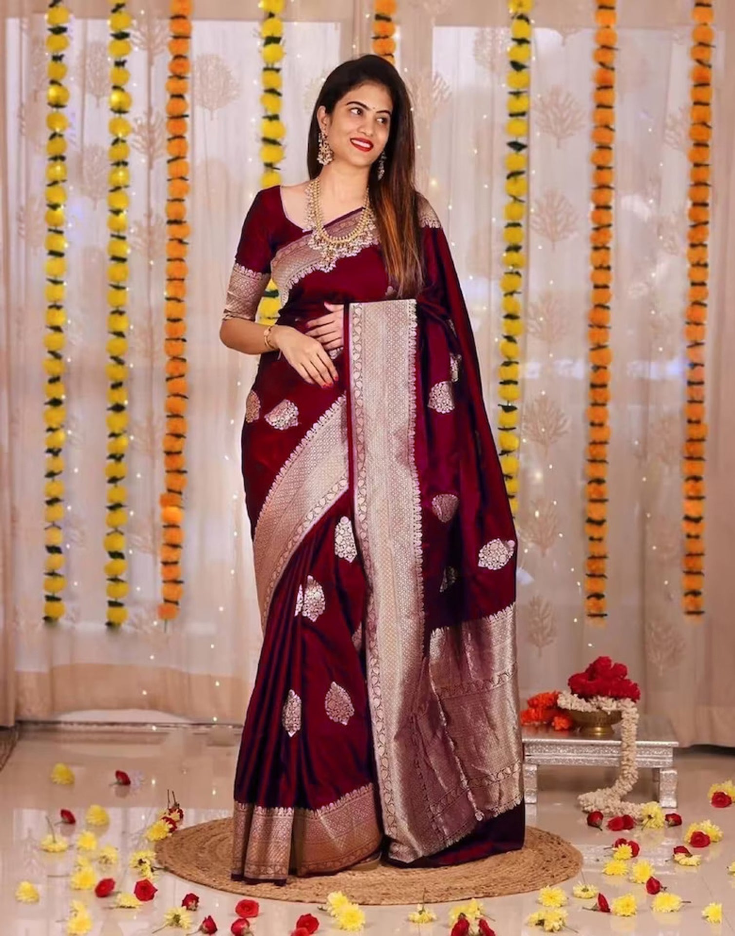 Buy HOUSE OF BEGUM Maroon Maroon Banarasi Handloom Satin Silk Saree With  Embroidery Work with Blouse Piece | Shoppers Stop