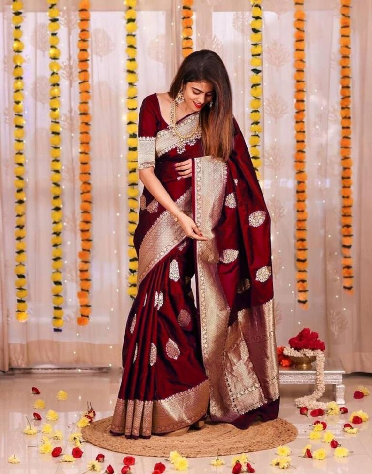 Taupe & Maroon Designer Embroidered Silk Wedding Saree | Saira's Boutique