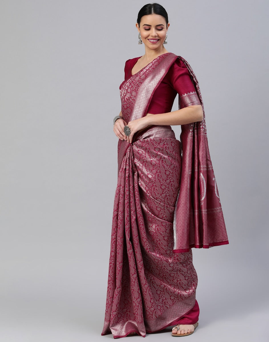 Cherry Red Banarasi Silk Saree