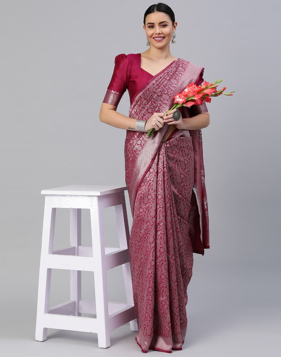 Cherry red with cream Banarasi tissue banswara saree with brocade blouse. –  Meshira