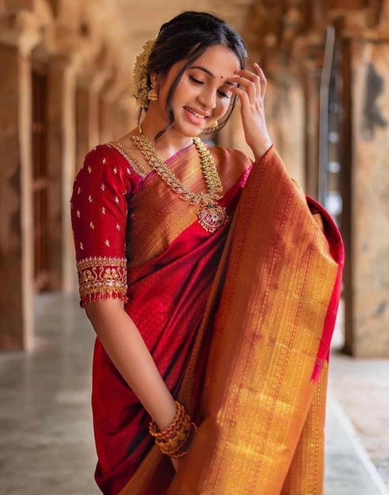 Stunning Red Colour Saree With Heavy Brocade Blouse Banarasi Beautiful Zari  Work In Form Of Traditional Motifs Soft Silk Saree