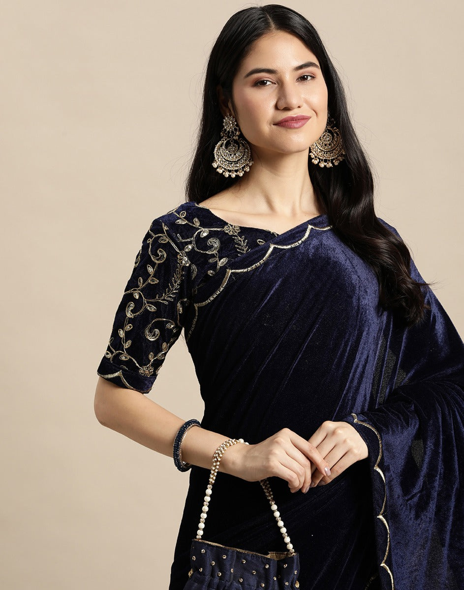 Navy Blue Pure Velvet Saree with Embroidered Blouse | Koselly