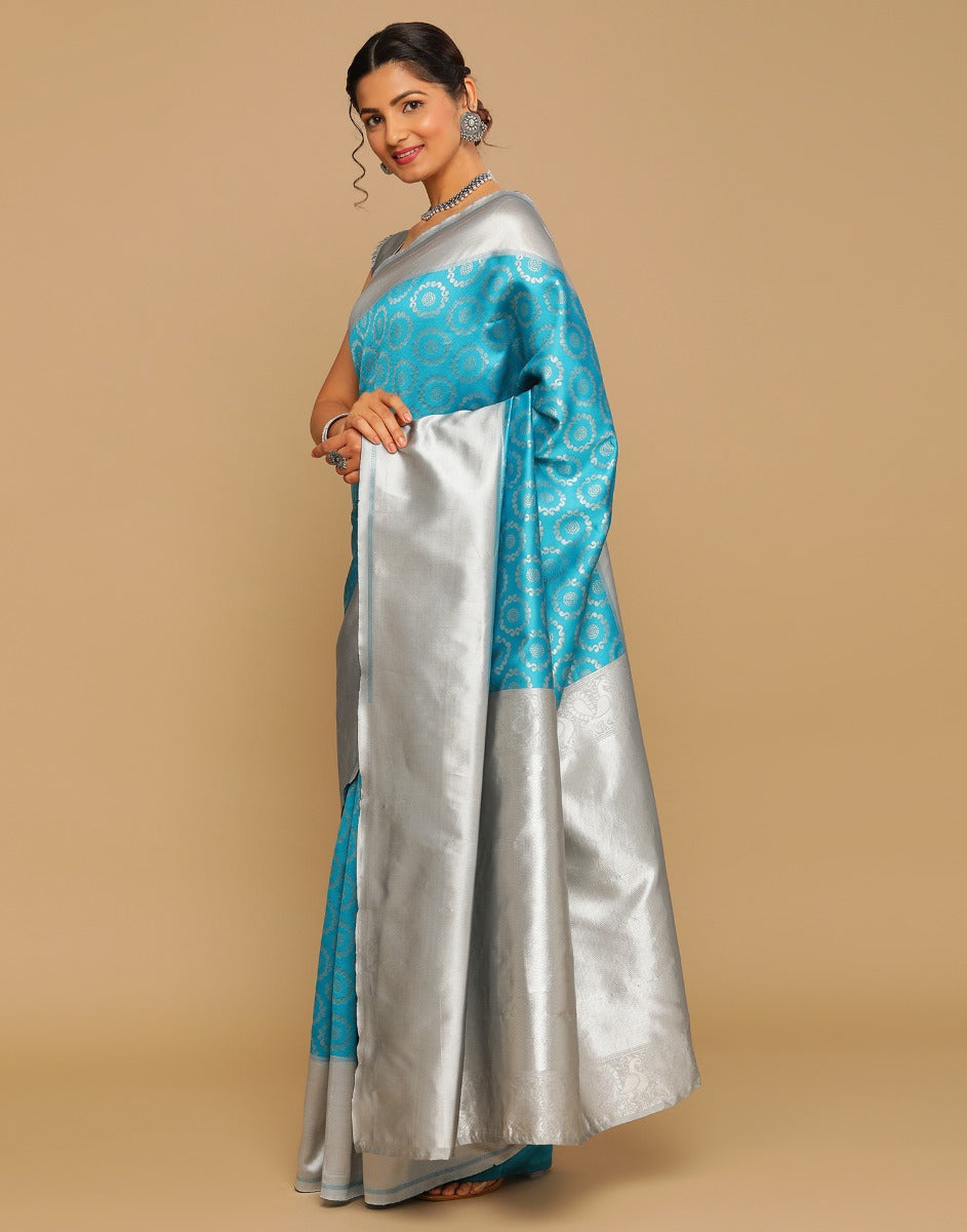 Buy Peacock Blue Kanjivaram Silk Saree T265870