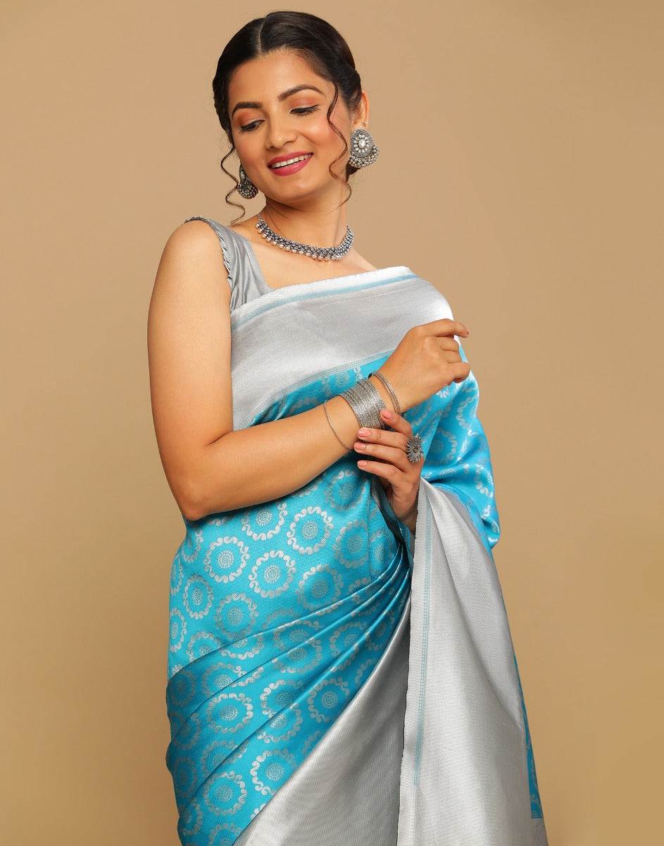 Banarasee Art Silk Saree With Copper Zari Buta & Border Design-Sky Blu