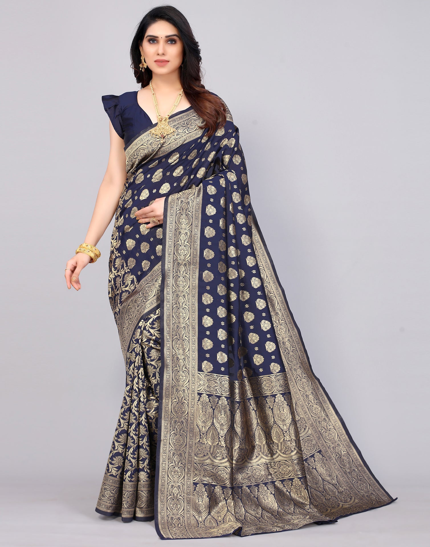 Navy blue Banarasi silk Banarasi Saree with Zari - SR24343