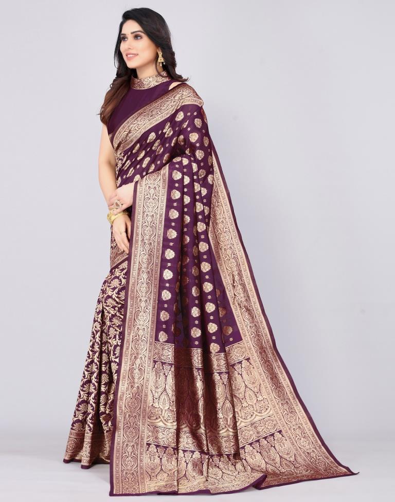 Purple Pure linen Banarasi Saree — The Handlooms