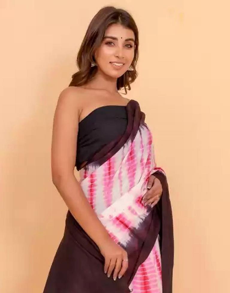 Tie Dyed Cotton Linen Saree in Off White and Fuchsia : SQP39