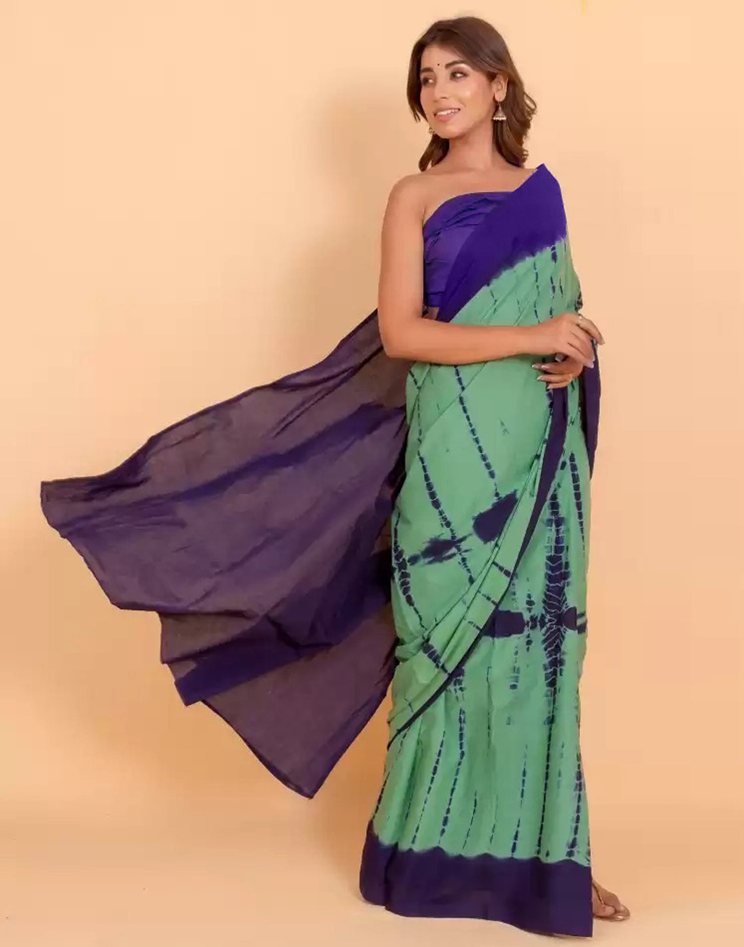 Dusty Green and Navy Blue Tie And Dye Saree | Leemboodi