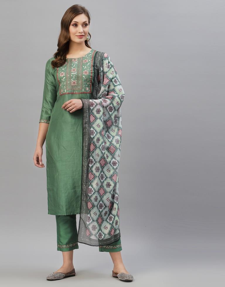 Pista Green Kurti With Pant And Dupatta | Leemboodi