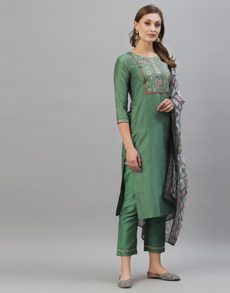 Pista Green Kurti With Pant And Dupatta | Leemboodi