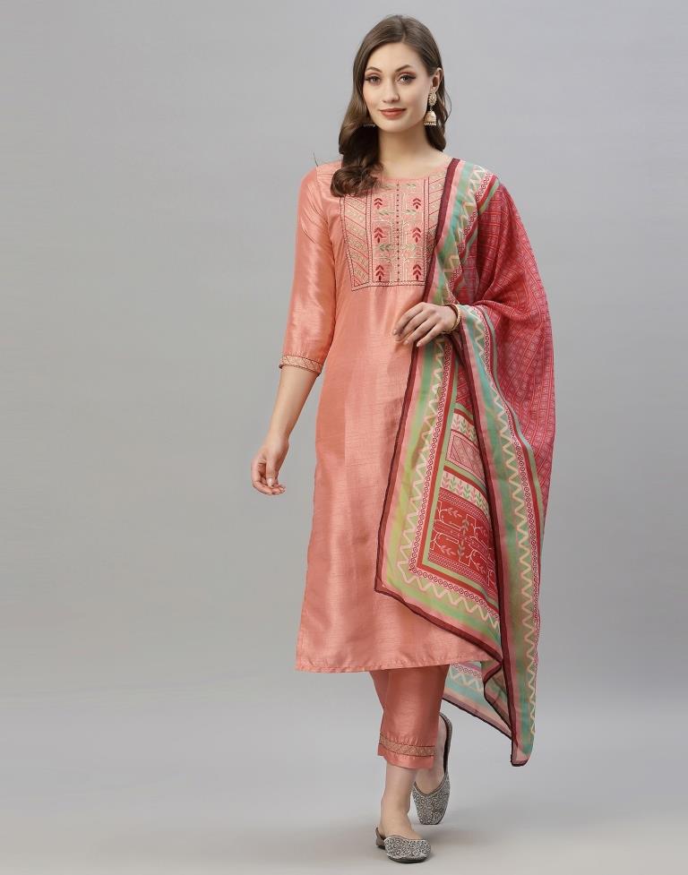 Peach Kurti With Pant And Dupatta | Leemboodi